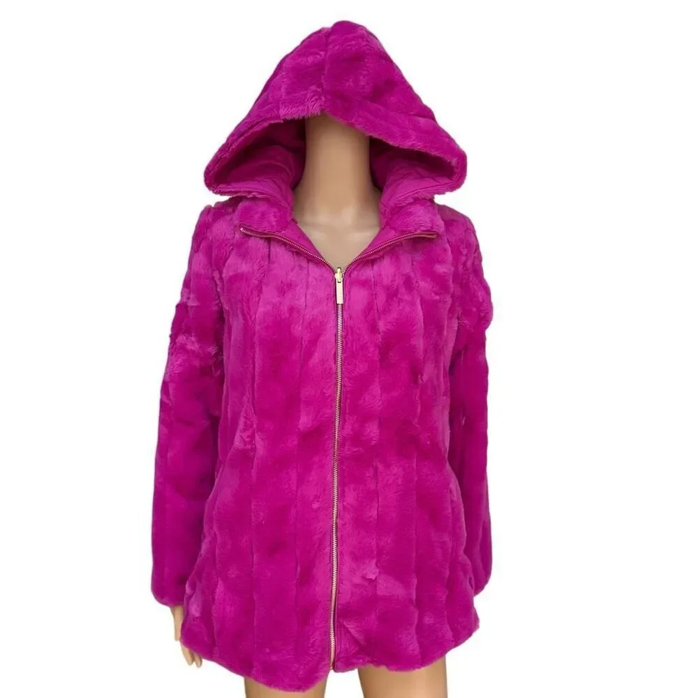 IMAN Faux Fur Coat fuchsia Reversible Hooded Quilted Jacket Womens Sz XS NWOT